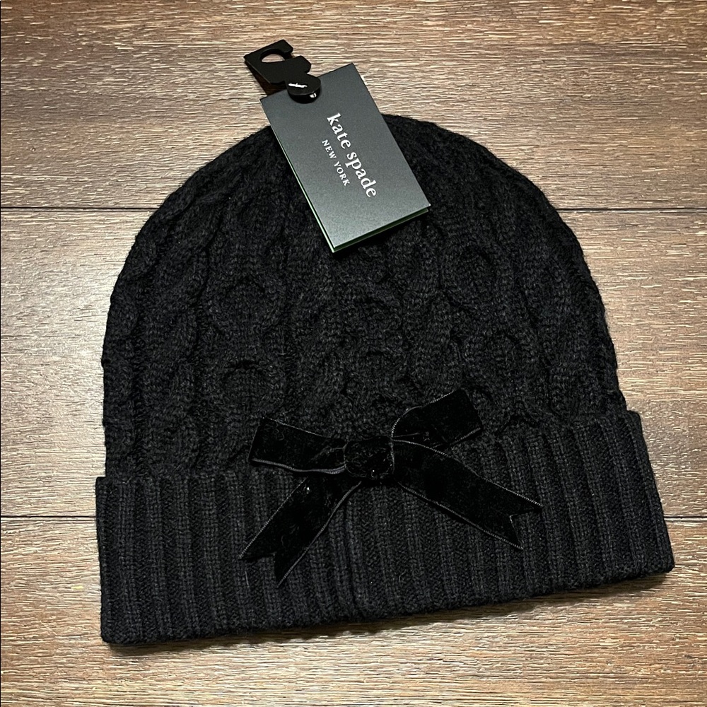 Kate Spade Black Cable Knit Hat with Bow